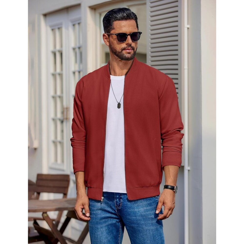 Men's Casual Cotton Bomber Jacket Dark Red Lightweight Flight Softshell - Picture 3 of 5